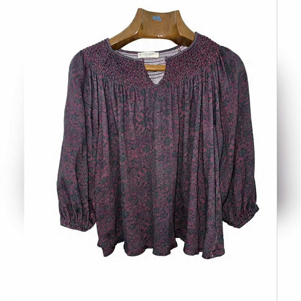 Women's‎ Floral Smocked Top - Dark Purple and Pink Peasant Prairie Boho Romantic